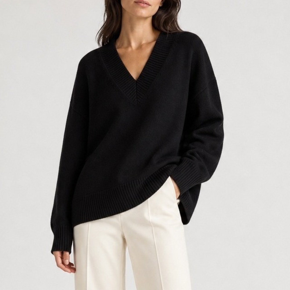 Quince Sweater Mongolian Cashmere Oversized V Neck Grade A Long RTO Black S NWT